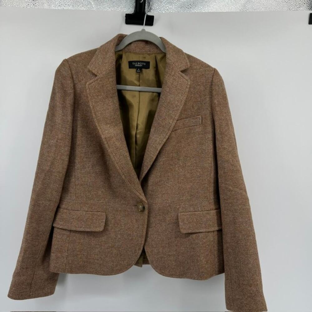 Talbots Wool Blend Tweed Blazer Jacket Womens 14 Camel Tan Office Professional